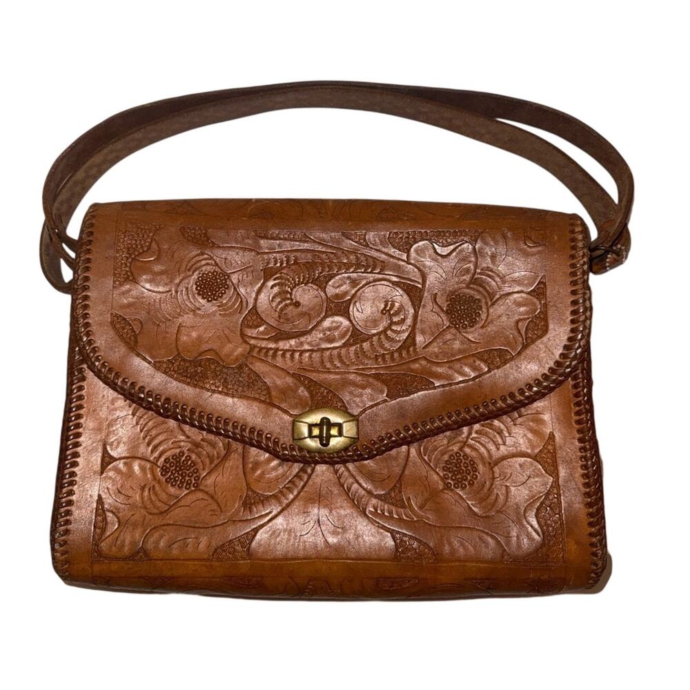 VINTAGE Western Coastal cowgirl Hand-Tooled Leather Crossbody Bag in Brown